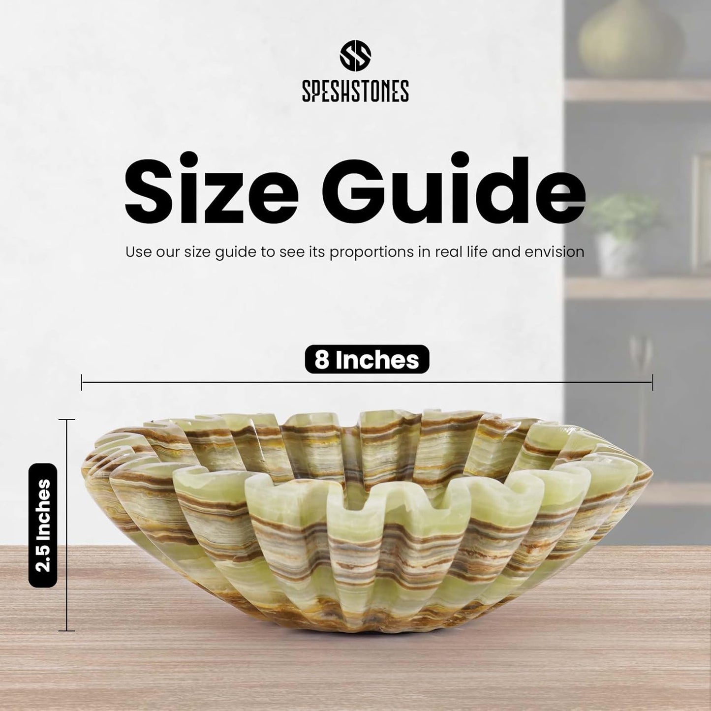 Marble Ruffle Bowl 8 Inch Green Stone Large Decorative Fruit Bowl for Kitchen Counter & Dining Table Centerpiece - Modern Fluted and Scalloped Bowls for Coffee Tables & Home Decor