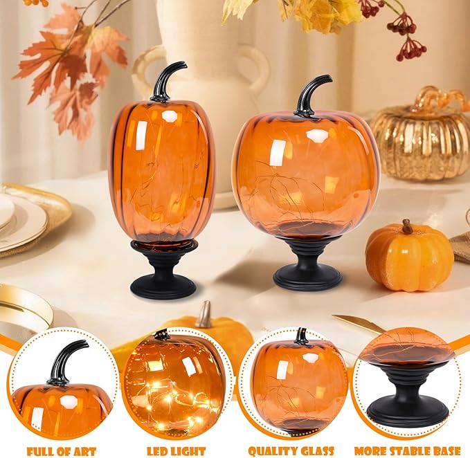 2 Pcs Glass Pumpkin Lights with Pedestal Fall Decor Pumpkins Decoration LED Lighted Collectible Thanksgiving Autumn Harvest Figurine Fall Halloween Decorations for Home Tables Centerpieces Decorative