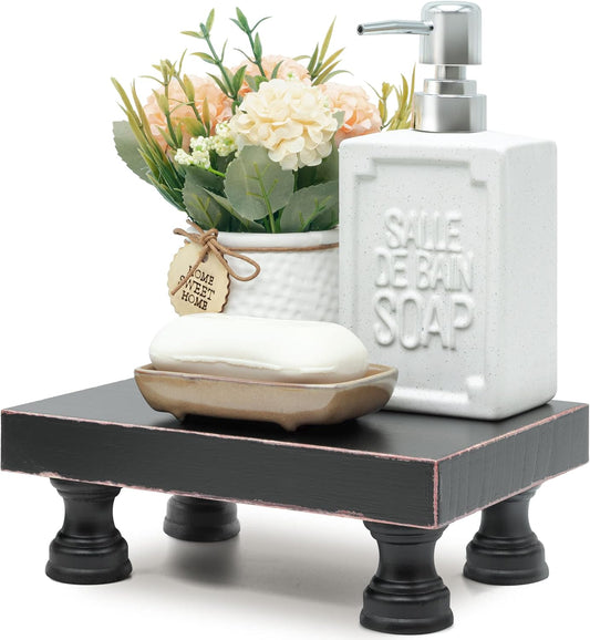 EOSAHR Modern Pedestal Stand for Kitchen Decor : Decorative Wood Riser for Display and Farmhouse Soap Dispenser Tray and Sponge Holder - Retro Countertop Organizer for Counter and Sink (Black)