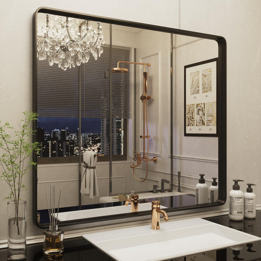 ISKM Black Bathroom Mirror for Wall 40" x 38" Matte Black Framed Vanity Mirror, Shatter-Proof, Tempered Glass, Rounded Rectangle Mirror(Horizontal/Vertical)