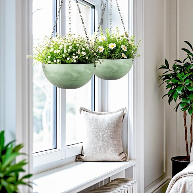 Marble Pattern 10 Inch Hanging Planter for Indoor Outdoor Plants, 2 Pack Hanging Planter Basket for Garden Home Decor Use (Green)