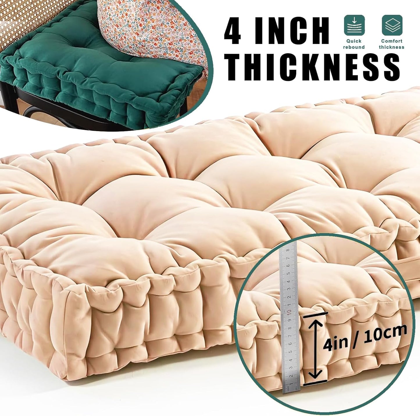 Custom Bench Cushion, Velvet Tufted Bench Cushions for Indoor, Tufted Button Design, 70D High Resilience Foam Soft and Comfortable, 90+ Colors