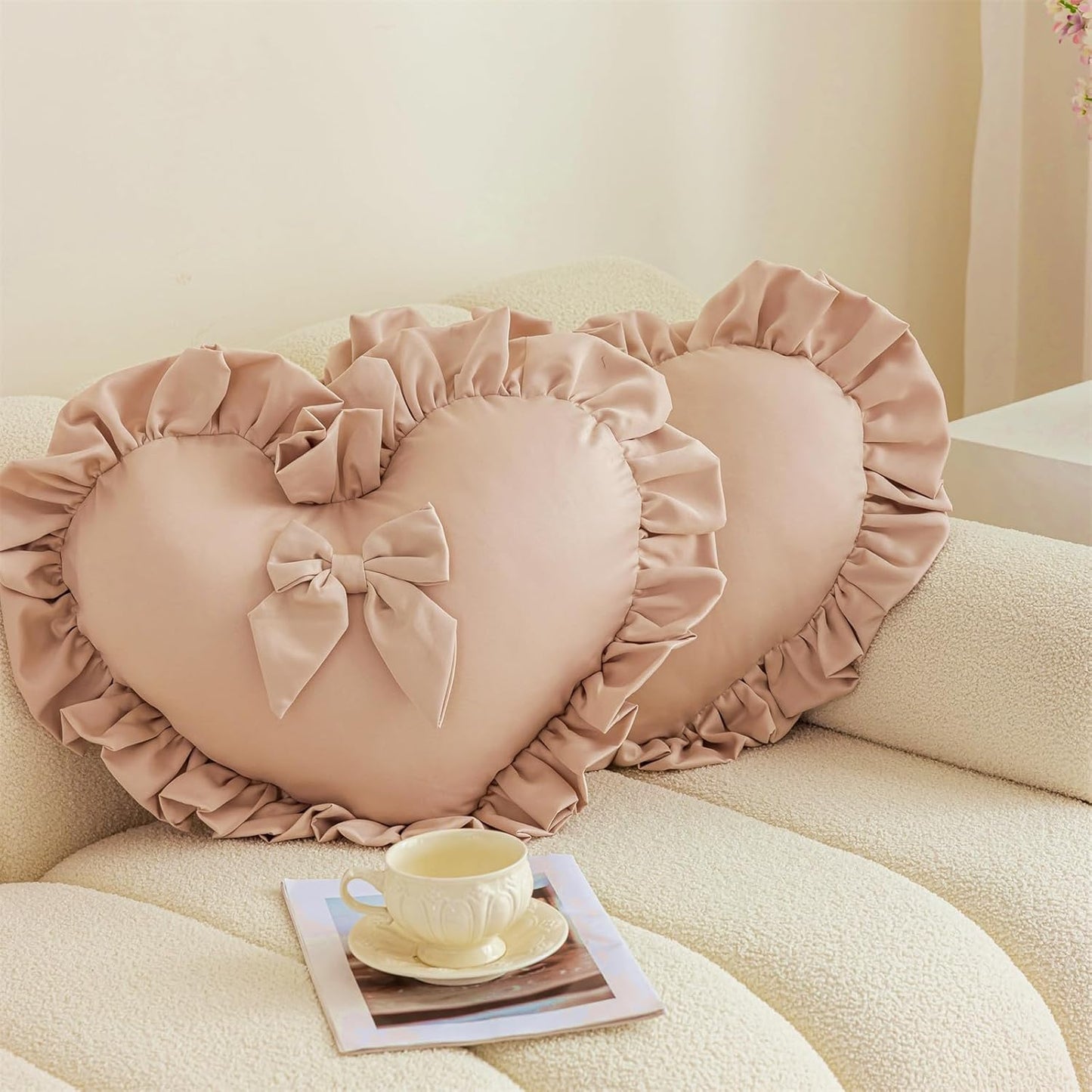 Heart Pillows, Cute Soft Room Decor Ruffled with Bow Love Heart Shape Throw Pillows Sofa Cushion Pillow for Living Room Bed Chair Car Decoration, Champagne