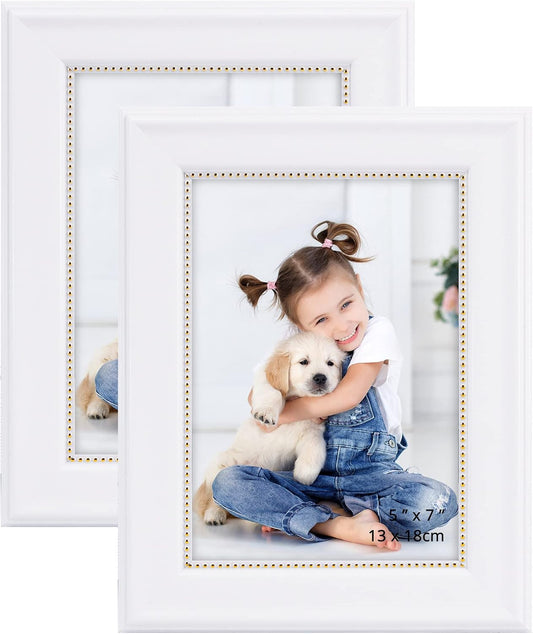 GraduationMall 5x7 Picture Frames, Real Glass, Display Photos for Wall or Tabletop, White with Gold Beads, 2-Pack
