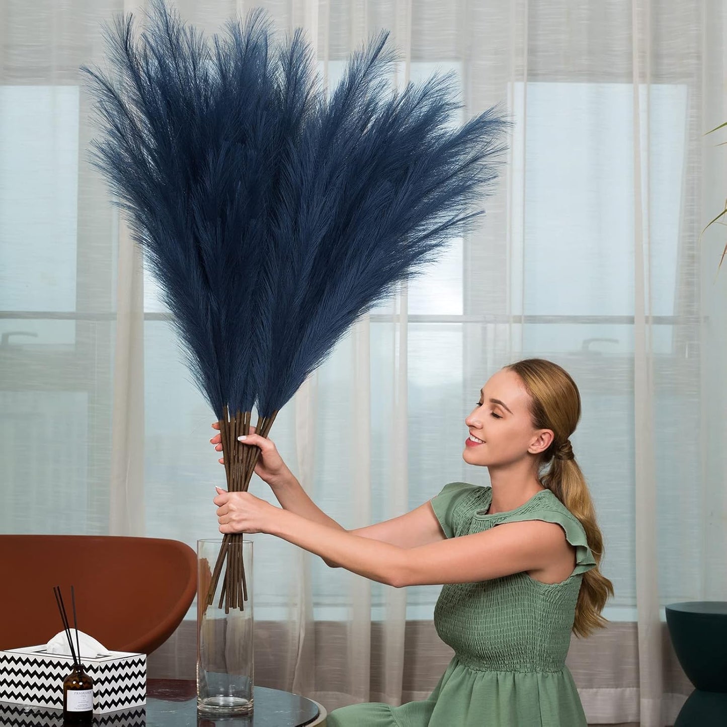 Faux Pampas Grass 6 Stems, Artificial Pampas Grass - 43 inch Total Extra Large Pompass Grass Tall Pompous Boho Flower Arrangement and Floor Vase Filler Home Decor for Room Wedding Party (Blue)