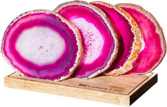 Luxury Lane Set of 4 Large Natural Brazilian Agate Slice Geode Rock Stone Drink Coasters with Wood Holder 4.3-4.7 inch Centerpiece Table Decoration, Rose Pink