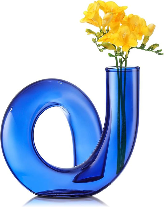 Joeyan Handmade Small Blue Glass Flower Vase,Decorative Geometric Glass Bud Vase for Modern Home Centerpieces Living Room Office,4.72" Abstract Vase for Single Flower and Dry Flowers