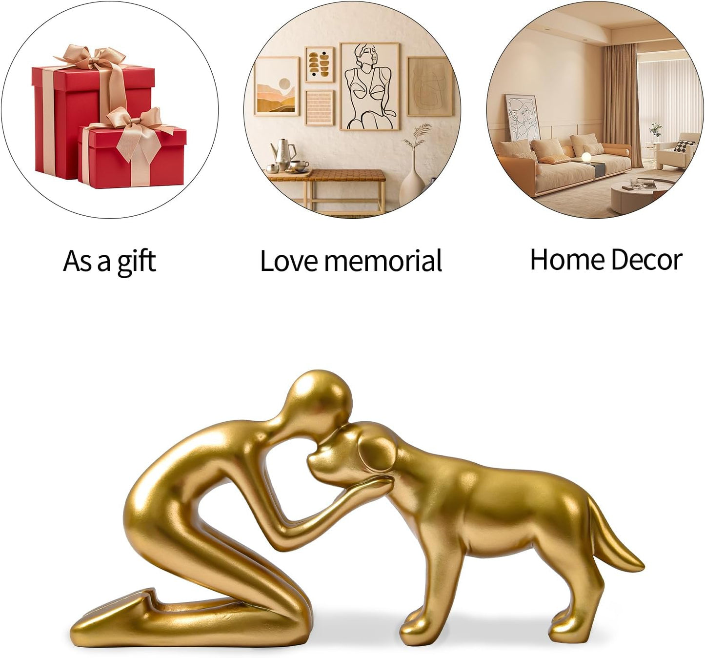 Dog Sculpture Decoration Cute Man and Dog Statue Home Decor for Office、Living Room、Bedroom、Shelf Home， Memory Gifts for Pet Lovers (Golden)