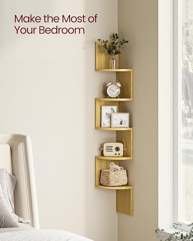 VASAGLE Corner Shelf Wall Mount, 5-Tier Floating Corner Bookshelf, Plant Shelf for Bedroom, Living Room, Bathroom, Home Office, Natural Oak