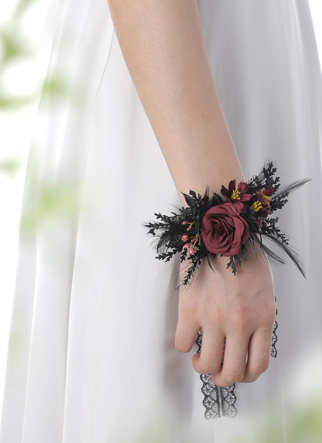 Corsage and Boutonniere Set - Black Wristlet for Men Prom Dark Wrist Corsage for Goth Wedding Ceremony