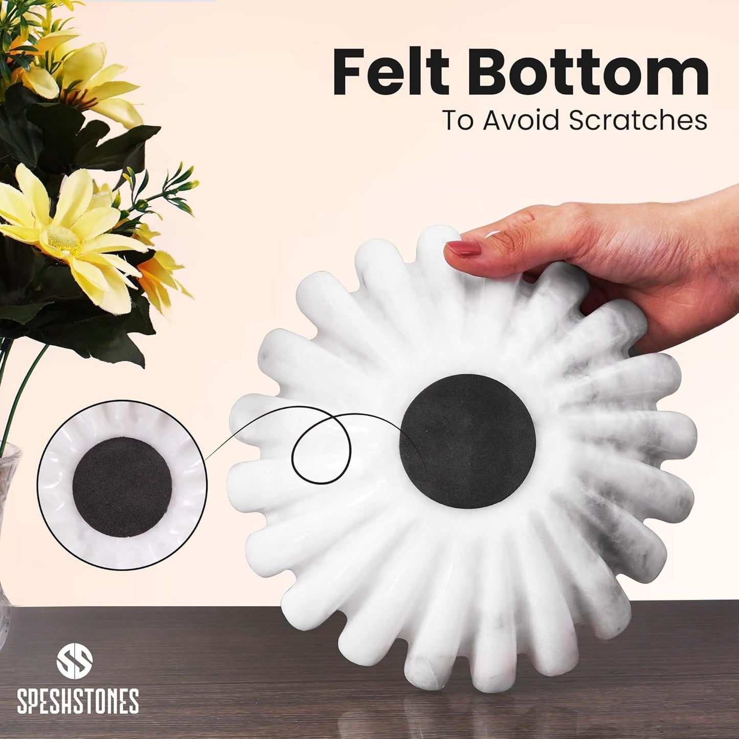 Marble Ruffle Bowl 8 Inch Handmade White Large Decorative Bowls for Home Decor - Scalloped Fruit Bowl for Kitchen Counter, Fluted Bowls for Housewarming Gifts & Coffee Table Decor