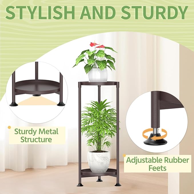 KMOTASUO 2 Tier Plant Stand Indoor for Large Tall Heavy Duty Planter, Multiple Sturdy Metal Flower Corner Rack for Narrow House Floor, Iron Vertical Level Round Orchi Holder Organizer, Bronze