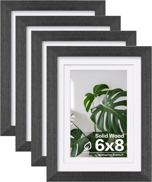 Egofine 6x8 Picture Frames Set of 4, Made of Solid Wood Covered by Plexiglass 4x6 and 5x7 with Mat or 6x8 without Mat, for Table Top Display and Wall Mounting Photo Frame Rustic Black