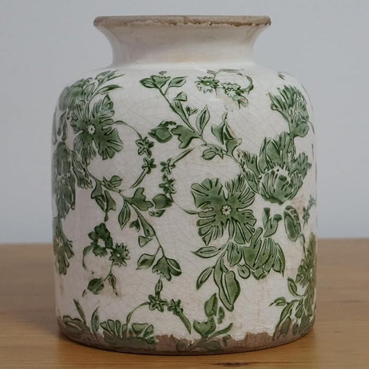 Vintage Ceramic Vase with Green Floral Pattern, White and Green, Crackle Glazed Finish, Decorative Garden Design (Medium - Vintage Round Floral Vase)