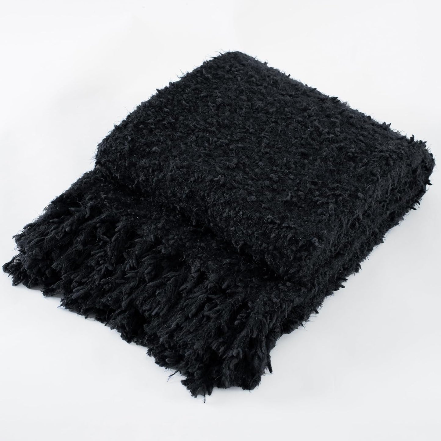 Knit Throw Blanket Fluffy Fuzzy Soft Lightweight Cozy Farmhouse Tassels Chunky Knitted Throws for Couch Sofa Bed (Black, 50"x60")