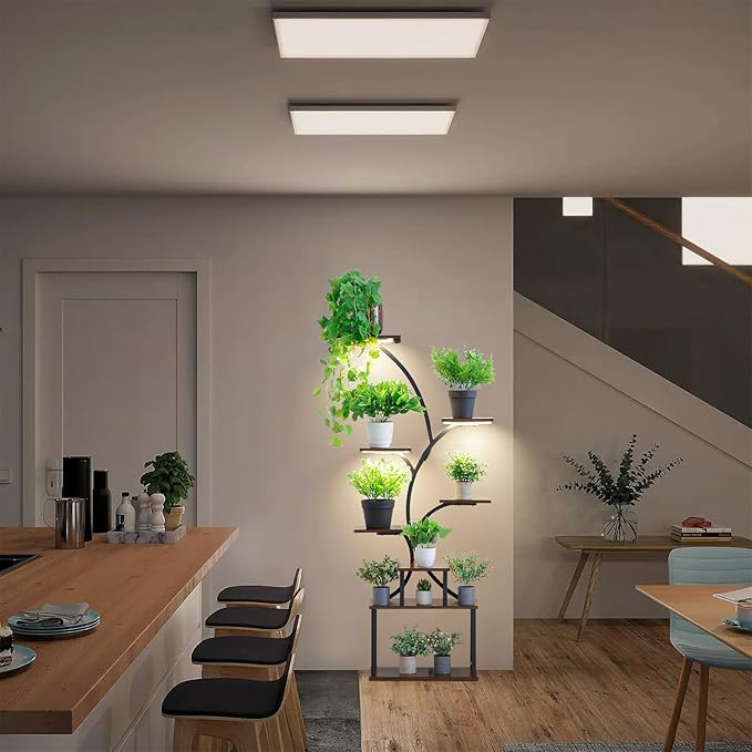 Plant Stand Indoor with Grow Light,8 Tiered Tall Plant Shelf for Multiple Plants, 62.2" Tall Plant Stands for Indoor Plants, Wooden Display Rack Holder, S-Shaped Plant Rack, Corner Flower Stand for Living Room, Garden, Patio