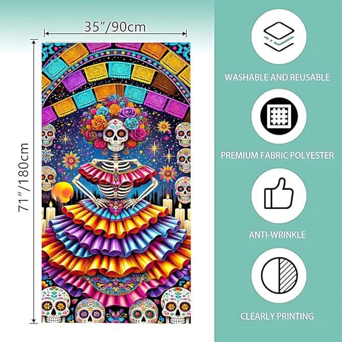 2D flat Colorful Sugar Skull Day of the Dead Door Decorations Día de los Muertos Door Cover Banner Indoor Outdoor Front Door 71x35 Inch