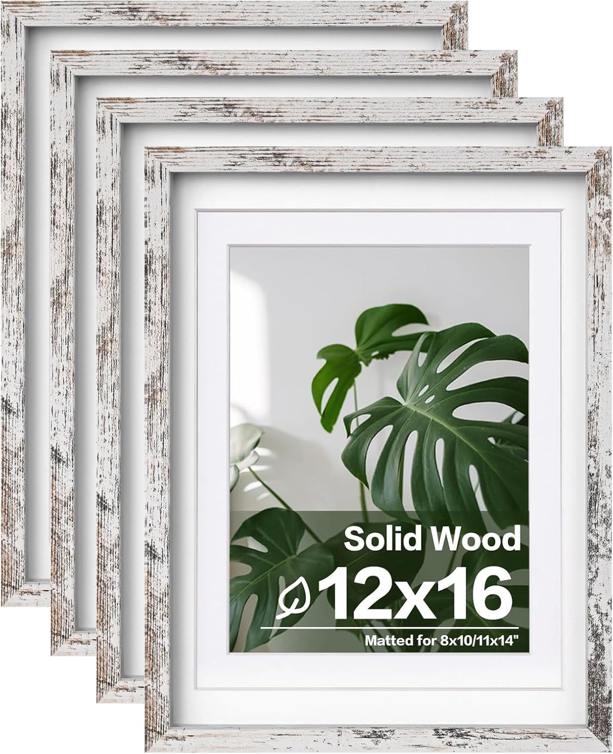 Egofine 12x16 Picture Frames Set of 4, Made of Solid Wood Covered by Plexiglass 9x12 and 11x14 with Mat or 12x16 without Mat, for Wall Mounting Photo Frame Rustic White