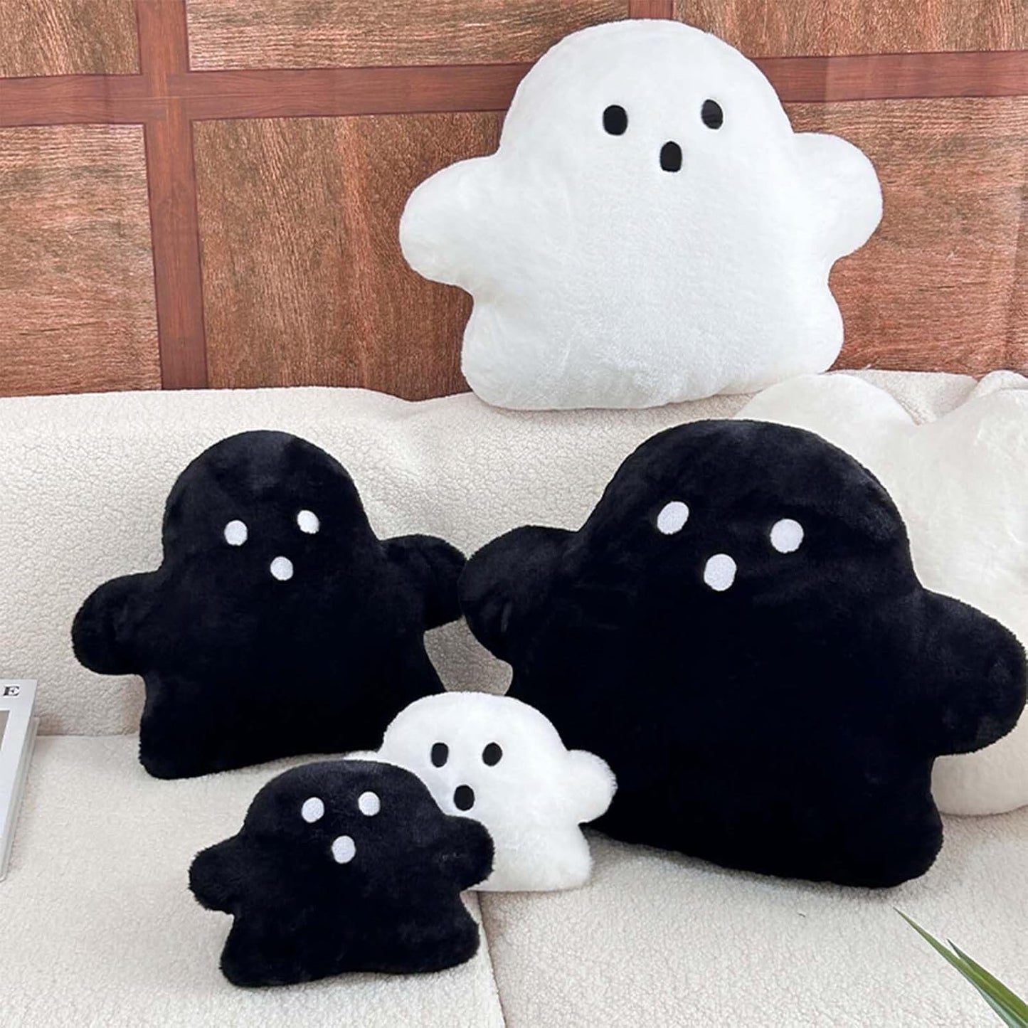Halloween Ghost Shaped Throw Pillows for Fall Decorative Pillow Indoors, Black Boo Pillows 15.7x11.8 Inches Soft Faux Rabbit Fur Spooky Shaped for Holiday