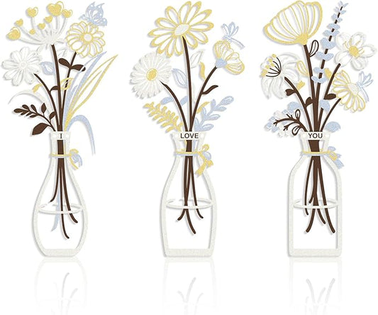 3 Pieces Metal Flowers Wall Art Decor, House Minimalist Bathroom Wall Decors Sculptures for Living Room Dining Room Bedroom Housewarming Gifts