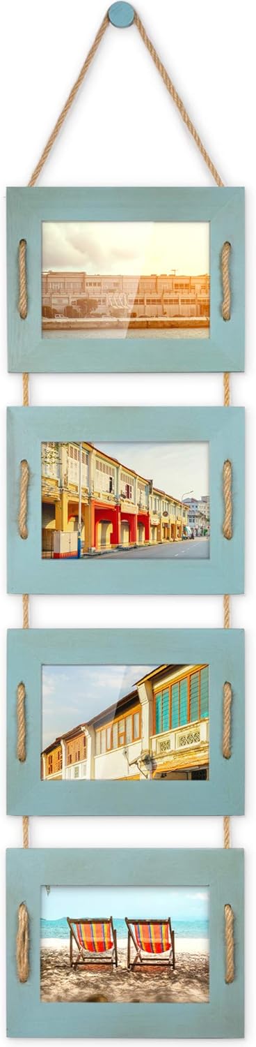 DLQuarts 5x7 Hanging Picture Frames Collage Wall Decor, 4-Opening 5x7 Matted to 3.5x5 Photo Rustic Wood Frame with Hemp Rope, 1 Pack, Ocean Blue