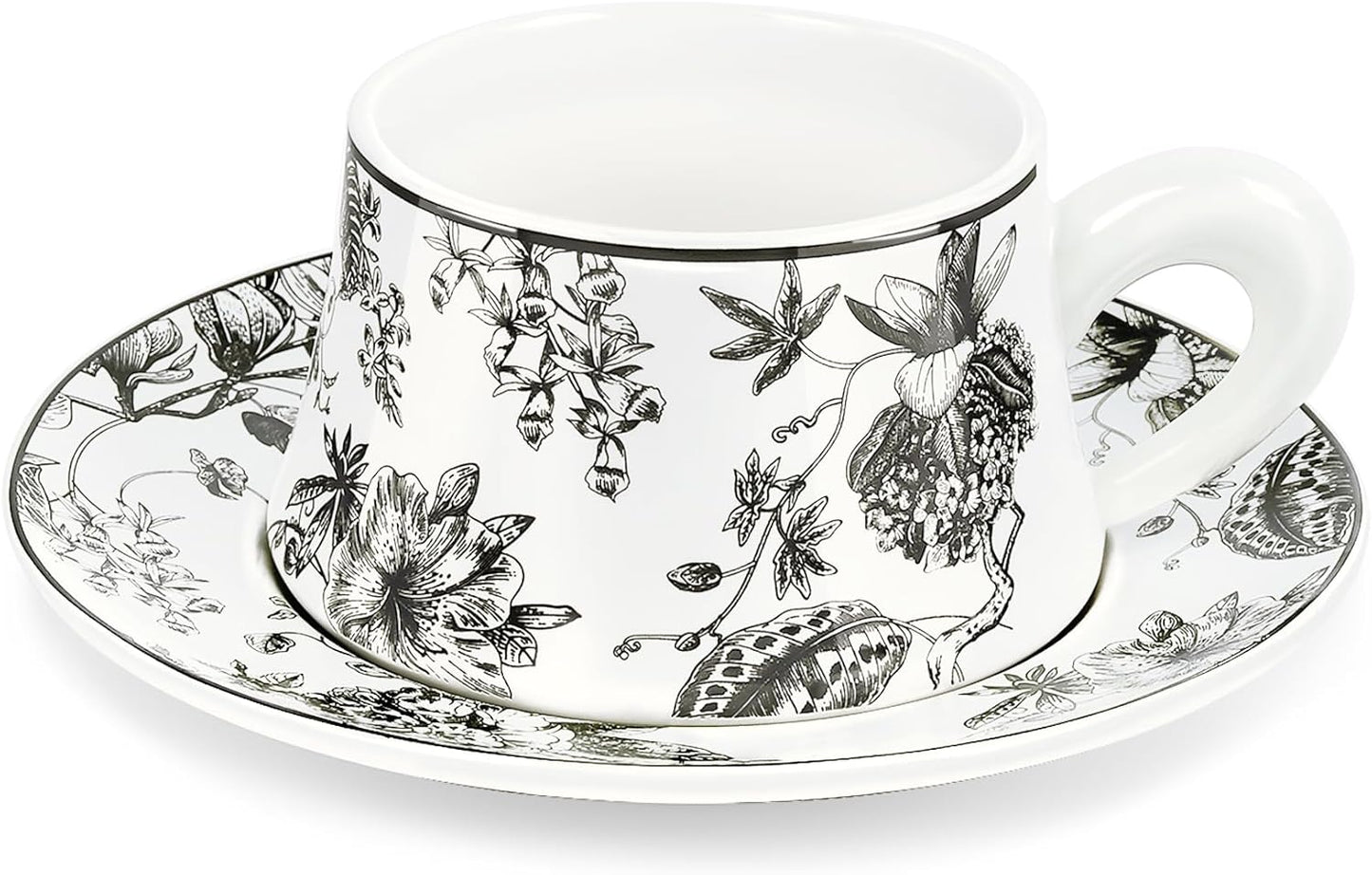 fanquare Ceramic Coffee Mug with Saucer Black Vintage Floral Tea Cup with Thick Handle Porcelain Modern Tea Cups for Office Party Breakfast, 8.5oz