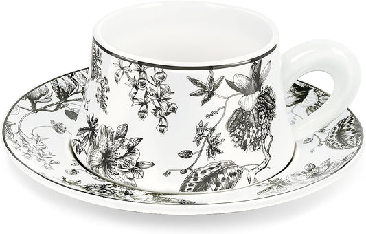 fanquare Ceramic Coffee Mug with Saucer Black Vintage Floral Tea Cup with Thick Handle Porcelain Modern Tea Cups for Office Party Breakfast, 8.5oz