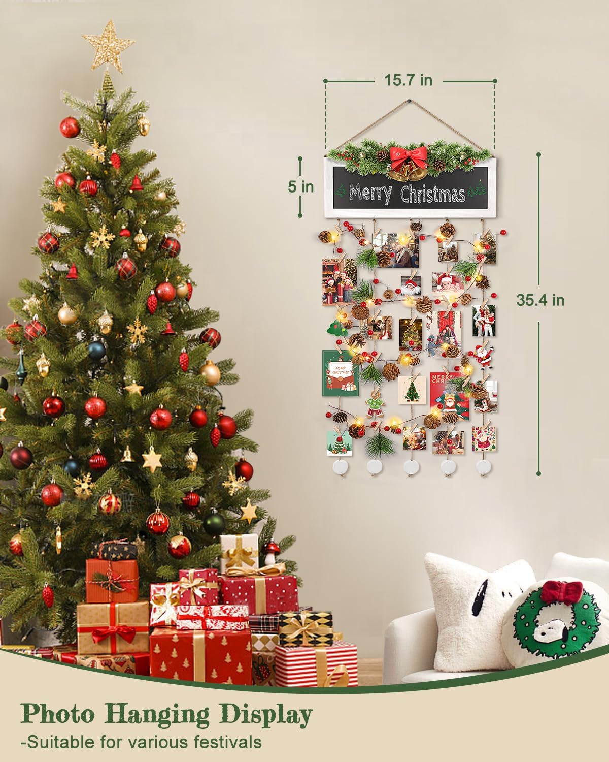 Bikoney Picture Frames Collage Wall Decor Photo Hanging Display Picture Board Wood Rustic Frames for Home Dorm Room Decor with Blackboard and 30 Clips White