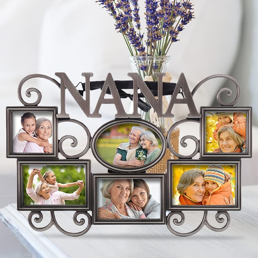 Lasody Nana Picture Frame,Cherish Every Memory,6 opening photo collage,Antique Silver,Mothers Day GiftsLasody Fathers Day And Mothers Day Collage Picture Frame (3”X2“+2“x2", Nana)