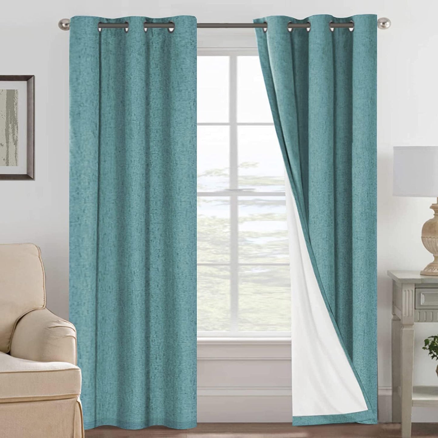 H.VERSAILTEX Primitive Linen Curtains 100% Blackout Curtain Drapes Burlap Fabric Curtains with White Thermal Insulated Liner, Grommet Top Drapes Living Room/Bedroom (2 Panels, 42 x 84 Inch, Teal)