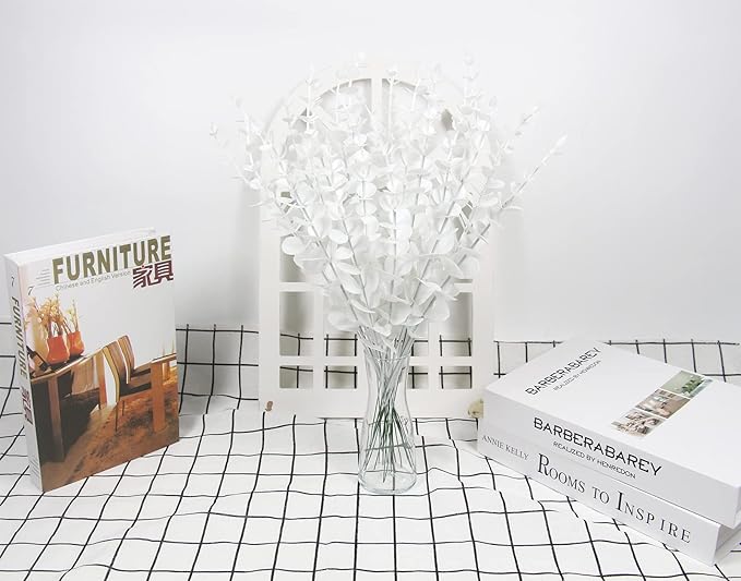 Tinsow 26 Pcs Artificial Eucalyptus Stem Bulk Faux Eucalyptuses Real Touch Leaf Wedding Bouquet Centerpiece Home Decor (White, 26)