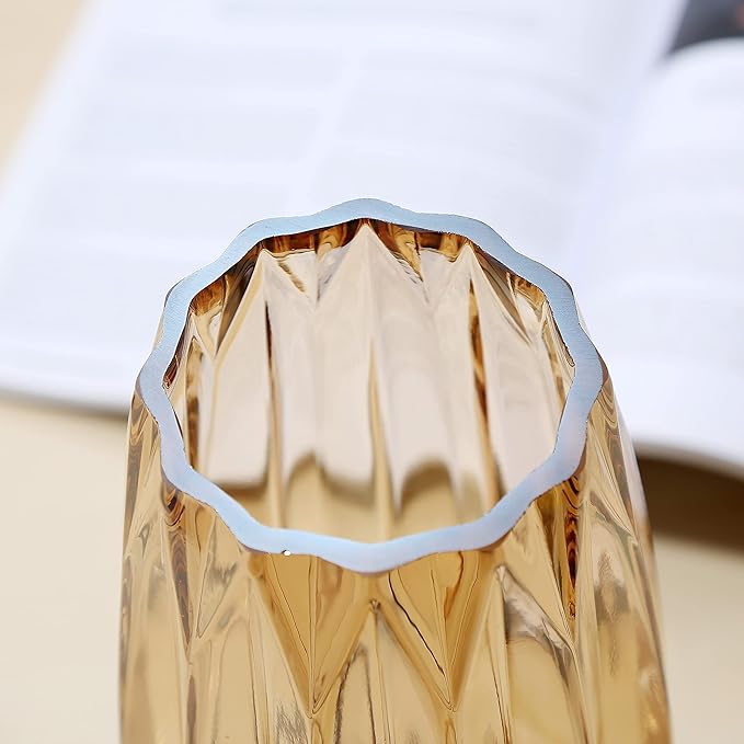 Amber Glass Vase Modern Ribbed Glass Vase for Flowers, Candles, and Decorative Accents - Tall/Short Glass Vase for Centerpieces Home Table Decor(Amber H7.87inch)