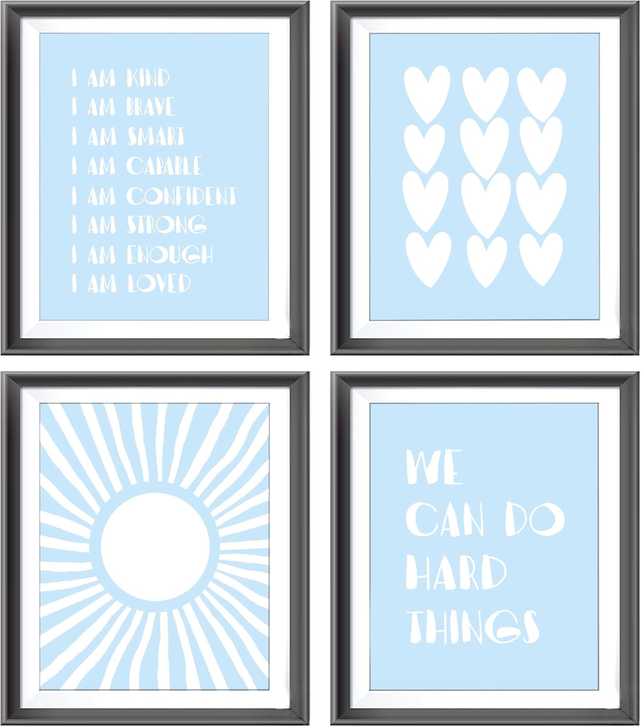 I am Kind Brave Smart Affirmations Blue Sun Sunshine Hearts Poster Prints for Girls Kids Room Playroom Decor,Girl Nursery Decorations Prints Wall Art Unframed 4pcs 8x10inches,Girls Kids Gifts