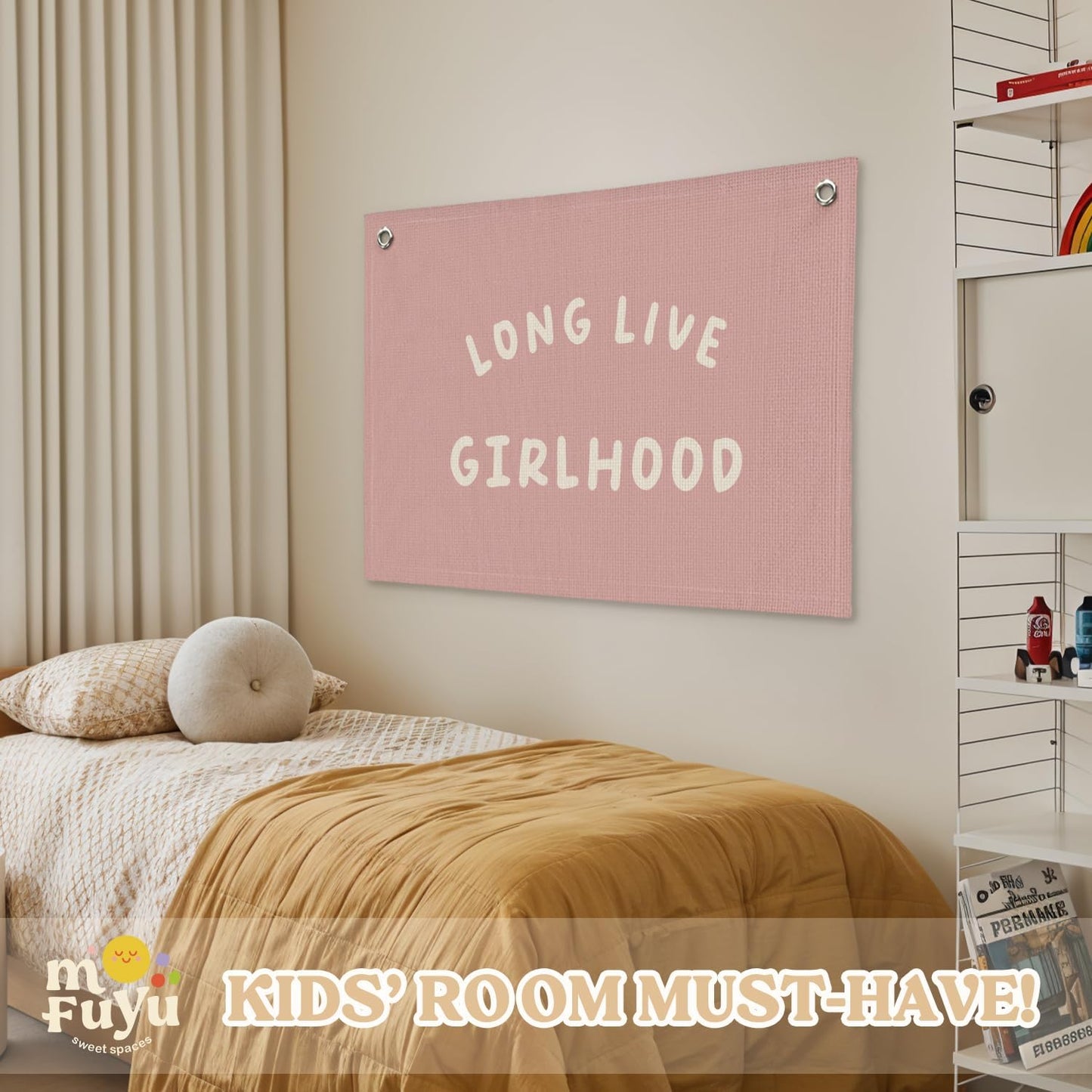 Girls Room Wall Art Decor,Long Live Girlhood Linen Canvas Banner–Pink Wall Hanging Flag Decor for Girls Room, Nursery Kids Bedroom Dorm Toddler Decorations - 20x30 Inch
