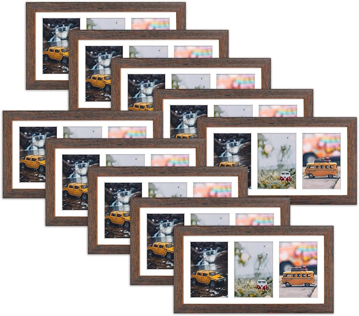 Golden State Art, Set of 10, 7x14 Distressed Brown Photo Wood Collage Frame with Mat Displays (3) 4"x6" Pictures