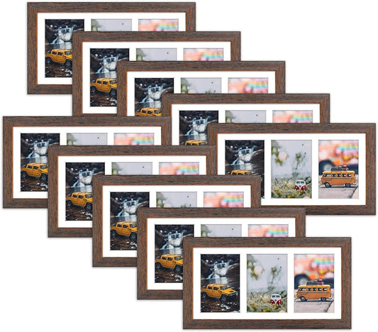 Golden State Art, Set of 10, 7x14 Distressed Brown Photo Wood Collage Frame with Mat Displays (3) 4"x6" Pictures