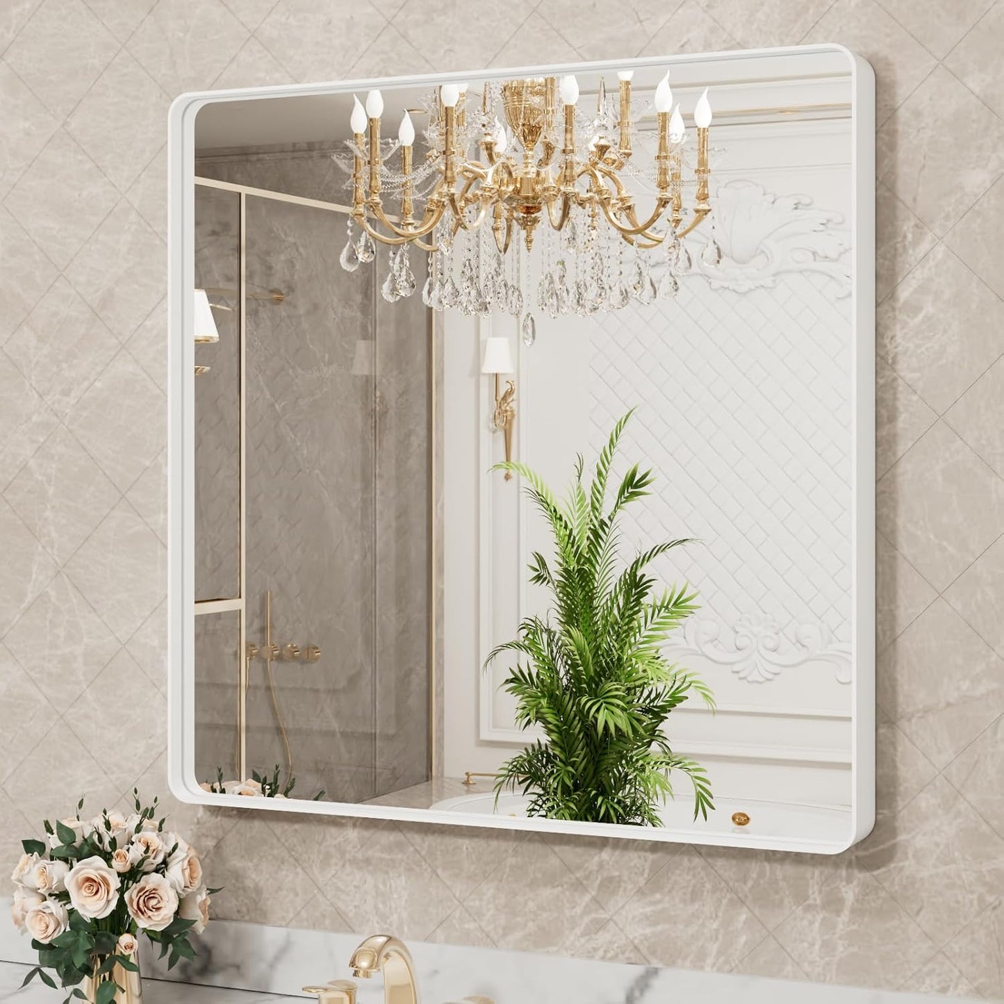 LOAAO 38x38 Inch White Metal Framed Bathroom Mirror for Wall, White Bathroom Vanity Mirror Farmhouse, Large Rounded Rectangle Mirror, Anti-Rust, Tempered Glass, Hangs Horizontally or Vertically