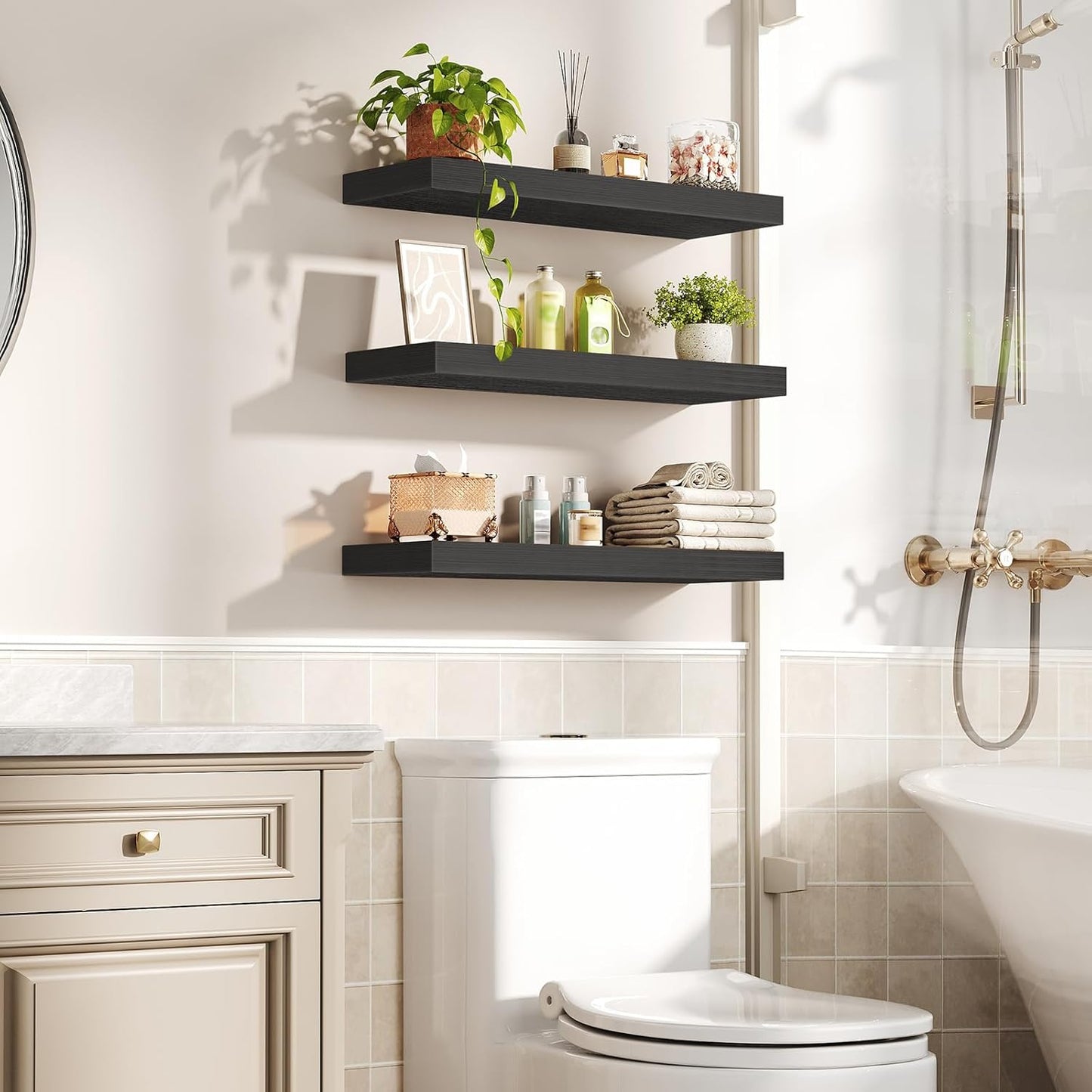 Floating Shelves for Wall, 1.5" Thick Wall Shelf Set of 3 with Invisible Brackets, 23.6L x 7.9W Hanging Book Shelves Farmhouse Home Decor for Bathroom, Living Room, Bedroom, Black 6301BJP3BK