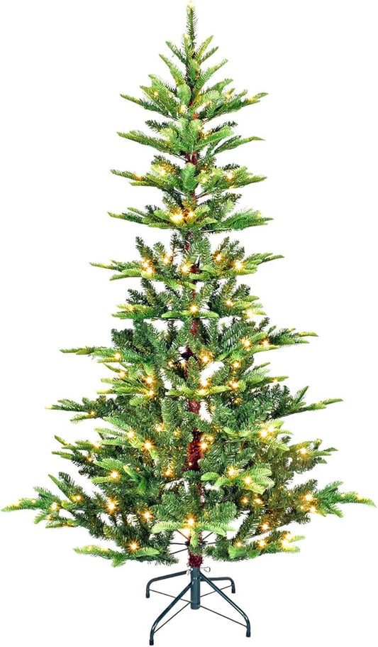 4FT Prelit Artificial Christmas Tree, Premium Douglas Fir Christmas Tree with 100 Warm White Lights & 298 Branch Tips, PE & PVC Mixed Pre Lit Hinged Xmas Trees for Holiday, Party Decoration