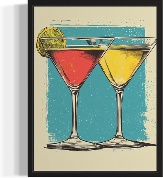 Martini Glasses Pop Art Poster Print, Vintage Retro Wall Art Decor Paintings Classic Artwork for Bedroom Living Room Decorations. (Martini Glasses, 11x14 inches + (Black Frame))