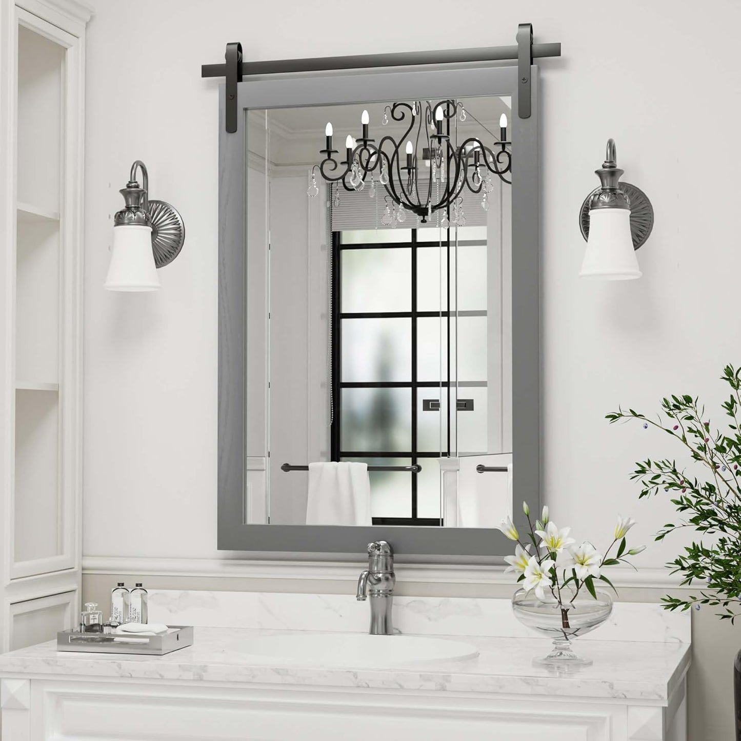 Farmhouse Wall Mirror, Rustic Wood Frame Bathroom Mirror Barn Door Inspired Decorative Vanity Dress Mirrors for Living Room Entryway, 24x36 INCH Gray Vertical