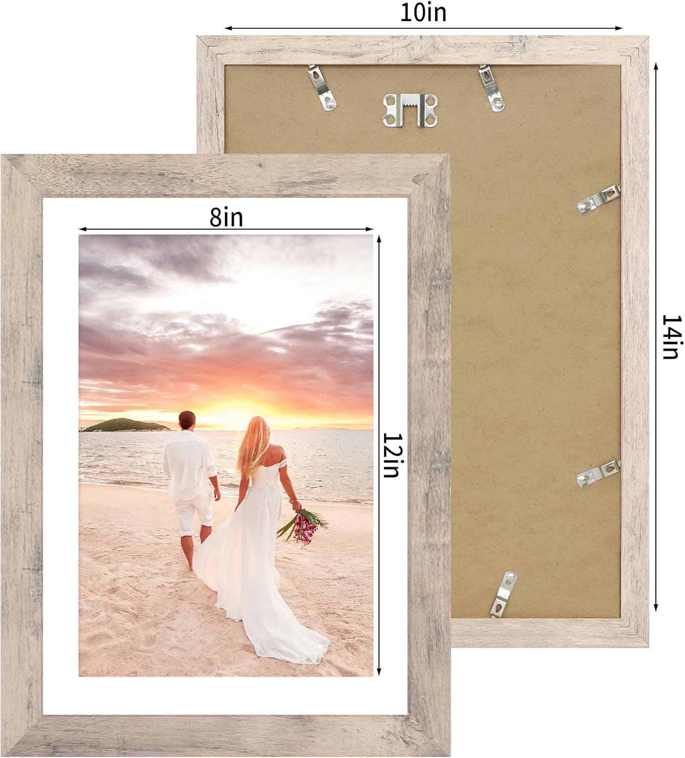 iRahmen 10x14 Picture Frame Set of 4 with Tempered Glass, Smoke Gray Frame Display 8x12 Picture with Mat or 10 x 14 Without Mat, Wood Rustic Photo Frames for Horizontal or Vertical Wall Mounting