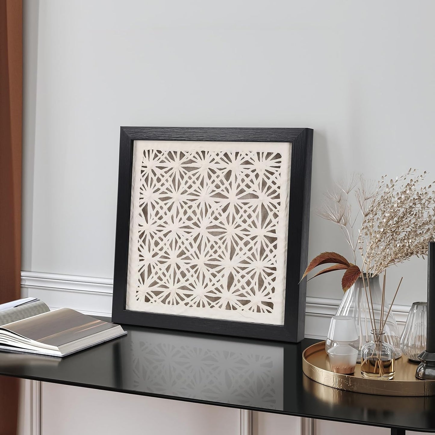 FOLKOR Abstract Framed Black and White Wall Art for Hallway Entryway Staircase, 12" Natural Rice Paper Geometric Wall Decor, Unique Room Aesthetic Artwork Wall Panel for Farmhouse Living Room Book Shop