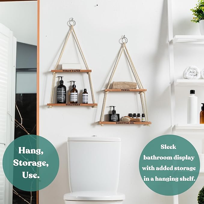 Hanging Shelves for Wall - Boho Room Decor Aesthetic - Hanging Plant Shelf Decor - Floating Shelves for Room Wall - Rope Shelves for Bedroom Aesthetic, Boho Decor Wall Hanging Shelves for Living Room