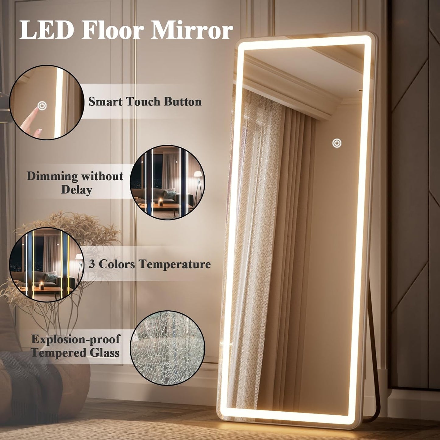 LED Full Length Mirror - 64" x 21" Mirror Full Length with Rounded Corner, Floor Standing for Bedroom/Dressing Room, 3 Color Lighting, White