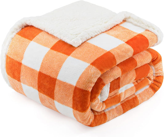 BEAUTEX Sherpa Fleece Fall Throw Blanket, Super Soft Warm Buffalo Plaid Plush Blankets and Throws, Lightweight Cozy Fuzzy Blanket Fall Decor for Couch Sofa Bed (Orange, Throw 50" x 60")