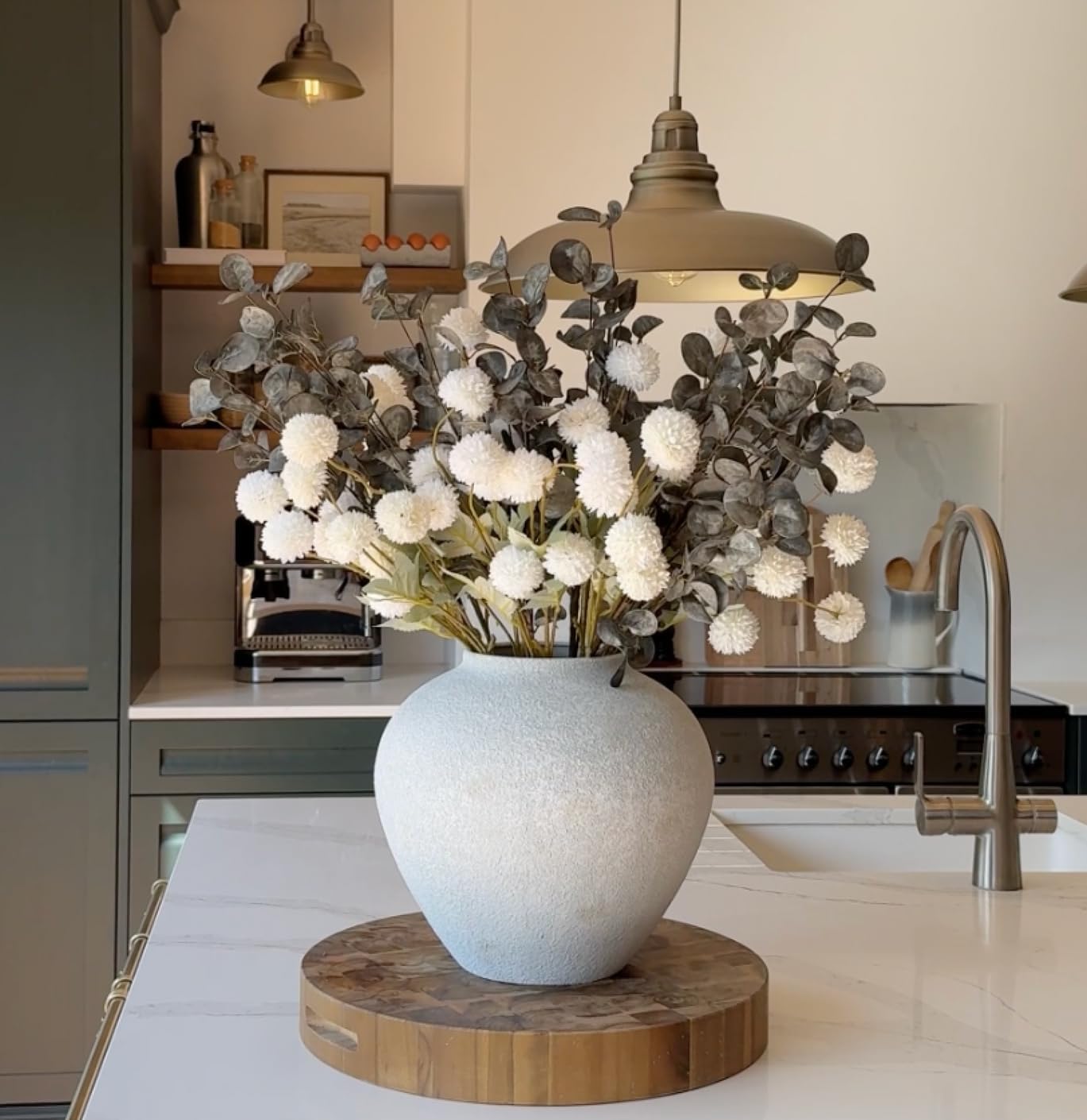 Laelfe 10 Kiku Flowers + 5 Large Eucalyptus Bunches, Silk Fake Pompon Mums (Ball Flower Stems) - Decor for Home, Wedding Filler, Centerpieces & Shower Arrangements