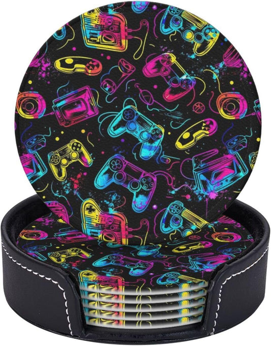 Drink Coasters with Holder Stand Set of 6, Bright Game Controller Pu Leather Absorbent Coasters with Cork Base Table Coaster Round Coasters for Housewarming Apartment Kitchen Bar Decor