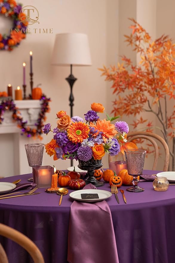 TINGE TIME Rose Artificial Flowers Combo, Fake Foam Roses with Stems for DIY Autumn Wedding Bridal Shower Party Table Centerpieces Fake Floral Arrangement Home Decor(Burnt Orange and Purple)