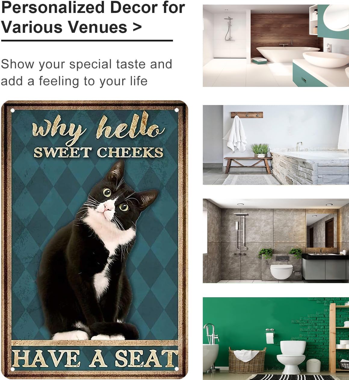 Funny Tuxedo Cat Bathroom Sign Why Hello Sweet Cheeks Tin Sign for Bathroom Toilet Wall Decor 12 x 8 Inch (3003)